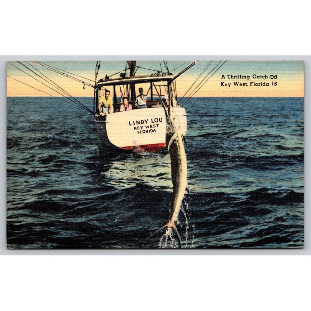 Postcard Florida Key West Thrilling Catch Fishing Boat Lindy Lou Linen c1940s FL